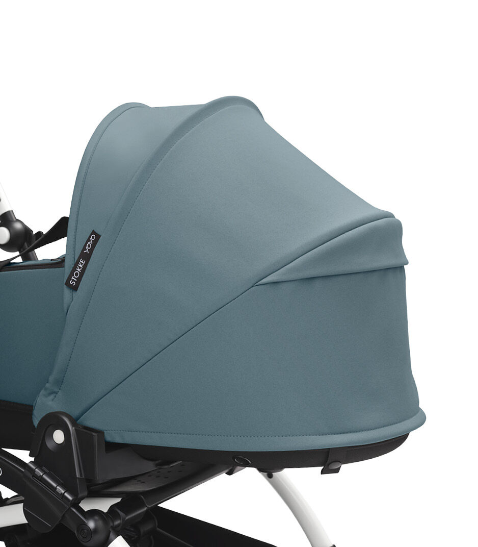 Stokke® YOYO3® Newborn Shell, Aqua. White Frame. Canopy ventilation closed, close-up. galery image 3